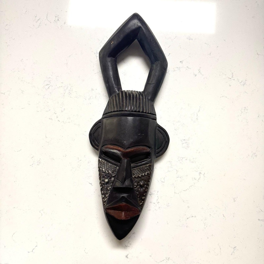 Vtg Handcrafted Ghana Wooden Mask Black Brown Tribal Wall Art Decor